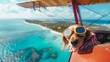 Beagle pilot in scarf and goggles flying over tropical coast