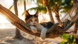 Calico cat resting on hammock amidst palm trees at sunset