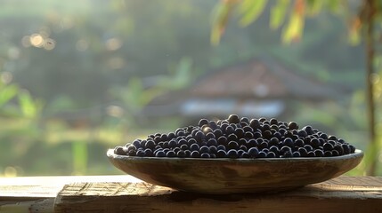 Wall Mural -   A wooden bowl, brimming with blackberries, sits atop a weathered table In the background, a bamboo hut stands serene