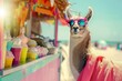 Llama with pink sunglasses at ice cream stand on sunny beach