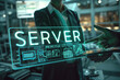 Closeup engineer stand behind and point server word and big tech company data server concept background