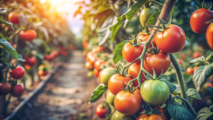 Wall Mural - A vibrant display of ripe tomatoes hanging from lush bushes in a home farm’s vegetable garden. The image beautifully captures the bounty of nature and the joy of home gardening.