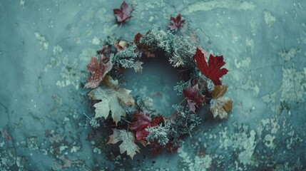 Wall Mural -   A wreath of leaves atop a green surface, crowned with snow