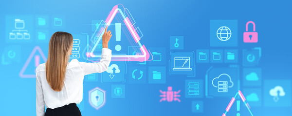 Poster - Woman finger touch virtual screen, cybersecurity dashboard with business data