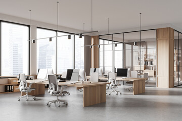 Office interior with armchairs and tables in row, meeting room and window