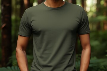 Wall Mural - Eco-conscious t-shirt mockup, back view, in a natural forest setting, emphasizing green apparel,