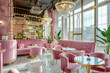© DESIRED_PIC - A small cafe with pink velvet sofas and wooden tables, modern interior design, golden chandelier hanging from the ceiling, floortoceiling windows, lightcolored marble flooring