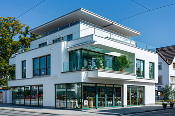 Wall Mural - A white modern two-story building with a balcony on the second floor and green windows. A small shop is located in front of it