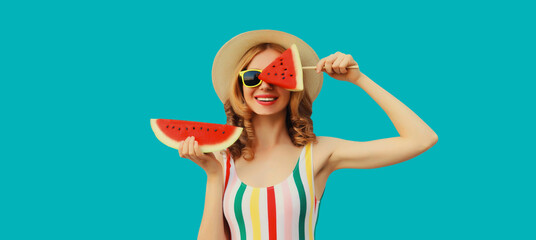 Wall Mural - Summer portrait of happy young woman with fresh juicy fruits, lollipop and slice of watermelon