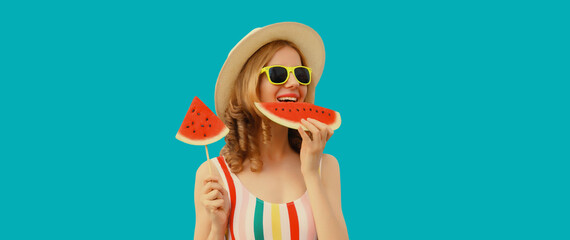 Wall Mural - Summer portrait of happy young woman with fresh juicy fruits, lollipop and slice of watermelon