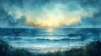 Wall Mural - A panoramic view of a watercolor landscape, where the horizon is a blur of aqua and sky blue, giving the impression of a distant, misty seascape.