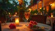 A romantic dinner setting under candlelight, with the table and surroundings bathed in a soft, peach haze from the flickering candles, enhancing the intimate atmosphere.