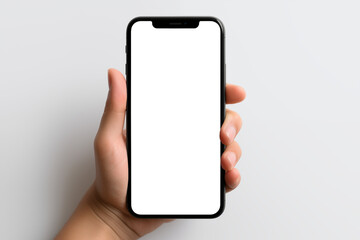 mockup hand holding mobile smartphone with transparent png empty screen on grey background