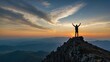 © sitifatimah - Silhouetted hiker with arms up in victory on mountain peak
