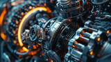 Fototapeta  - Highly detailed image of a modern car engine showcasing intricate components and vibrant colors.