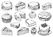 © MicroOne - Different bakery items. Sweets. Simple hand drawn doodle style