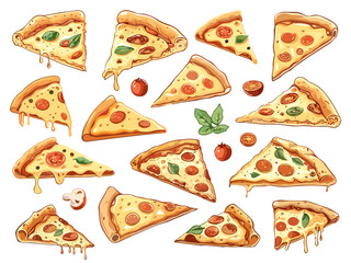 Poster - Different angle pizza pieces set with melted cheese. Italian tasty food vector set