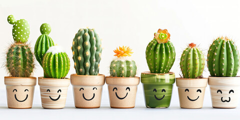 Set of smiling face variants cactus on white background