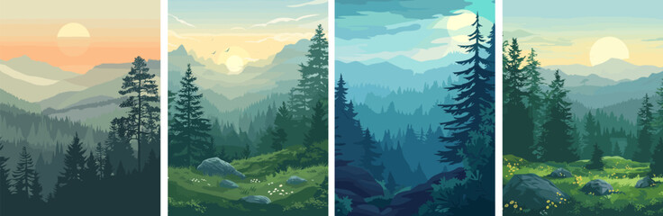 Sticker - Forest landscape. Soft colors. Wooded panorama with mountains Vector illustration. Flat design