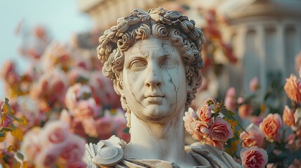 Ancient Greek statue of a man. Roman statue of a nobleman or an Ancient Greek philosopher looking into the distance. Ancient statue