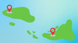 A simple representation of a few green islands in a light blue sea, the two largest are marked with a red location marker.