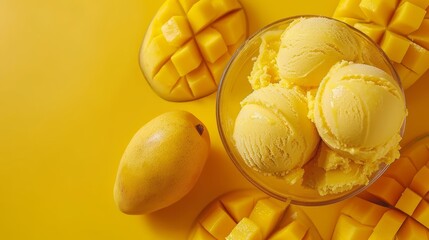   A bowl of mango ice cream against a yellow backdrop, accompanied by two mango halves, one on each side