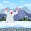 Bigfoot snow background with mountain and bigfoot angry character in action pose