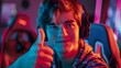 © Anastasiia - Thumbs up from a young game streamer in a neon studio. Concept Neon Studio Photoshoot, Gaming Streamer, Young Content Creator, Thumbs Up Pose