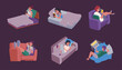 Phone in bed. People in bed using gadgets nightly time exact vector concept pictures about cell phone addiction