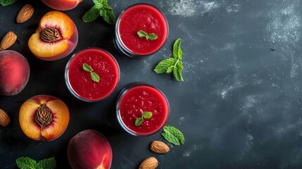   A table, bearing two cups brimming with fruits and nuts Nearby, a pair of peaches rests atop it