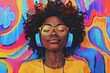 international womens day portrait happy young genz black woman listening to music colorful background digital illustration