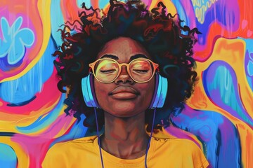 international womens day portrait happy young genz black woman listening to music colorful background digital illustration