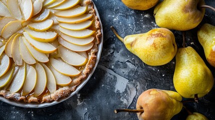 Sticker -   A tight shot of a pear pie on a table, surrounded by pears