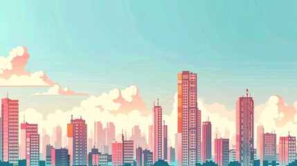 Canvas Print - Flat design illustration of a cityscape with skyscrapers, buildings and other urban architecture against a clear sky with clouds