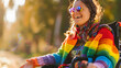 © Prasanth - Happy disabled young girl in wheelchair wearing rainbow pride fashionable jumper cardigan outfit outdoors in nature. Candid young teenager with disability at LGBTQ  gay pride parade. Copy space AI