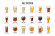 Beer icon set. 18 different types of ale beers, served in different types of beer glasses. Perfect for drink menu designs. Hand-drawn colorful vector icons. 