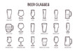 Beer glasses icon set. 18 different types of beer glasses. Perfect for beer drink menu designs. Hand-drawn monochrome vector icons. 