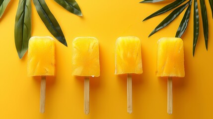 Wall Mural -   A group of yellow pops atop a yellow table Nearby, a green leafy plant against a yellow backdrop