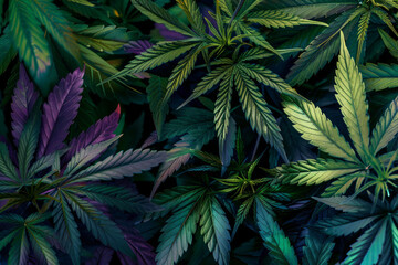 Wall Mural - Vibrant cannabis leaves in neon light. Purple colored marijuana background