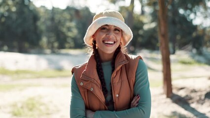 Poster - Happy, face and woman camping on holiday, outdoor adventure and trekking in forest or woods. Nature, portrait and person relax in summer and travel on safari in countryside, environment and smile