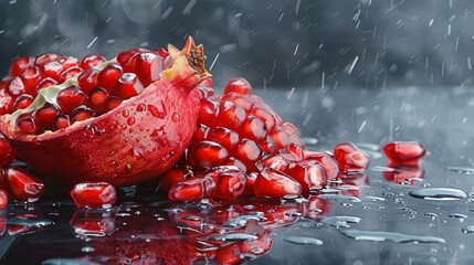 Wall Mural -   A tight shot of a pomegranate on a table, with water droplets glistening on its surface