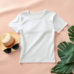 Wall Mural - Trendy summer t-shirt mockup, blank canvas with a fashionable sunhat and reflective sunglasses on a neutral background.