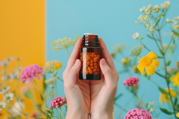 womens hands holding supplement bottle colourful vitamins and probiotics healthy lifestyle concept product photography