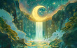 Celestial Cascade: Moonlight Waterfall Shrouded in Starlight Amidst Forest Valley,emotion