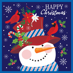 Canvas Print - christmas card with snowman. cardinal bird and candy cane