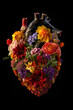 anatomic heart made of flowers, colorful, vibrant, black background, realistic, 3d render