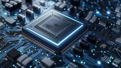 Poster - Closeup of modern CPU microchip with blue neon lights circuitry visible. Concept Technology Photography, CPU Microchip, Neon Lights, Circuitry, Close-up Shots