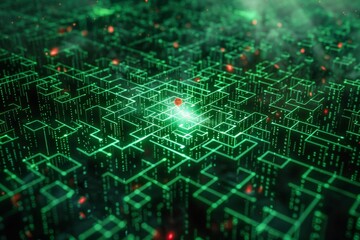 Poster - A digital maze teeming with glowing green code, a single red virus particle navigating through the labyrinth, photorealistic