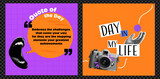 Fototapeta  - A set of templates for social networking posts. Open Mouth with Quote of the Day.  A day in my life. Ideas for content. Vector collage style.