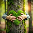 © meena - Nature lover, close up of child hands hugging a tree. Nature lover, close up of child hands hugging tree with heart shaped moss